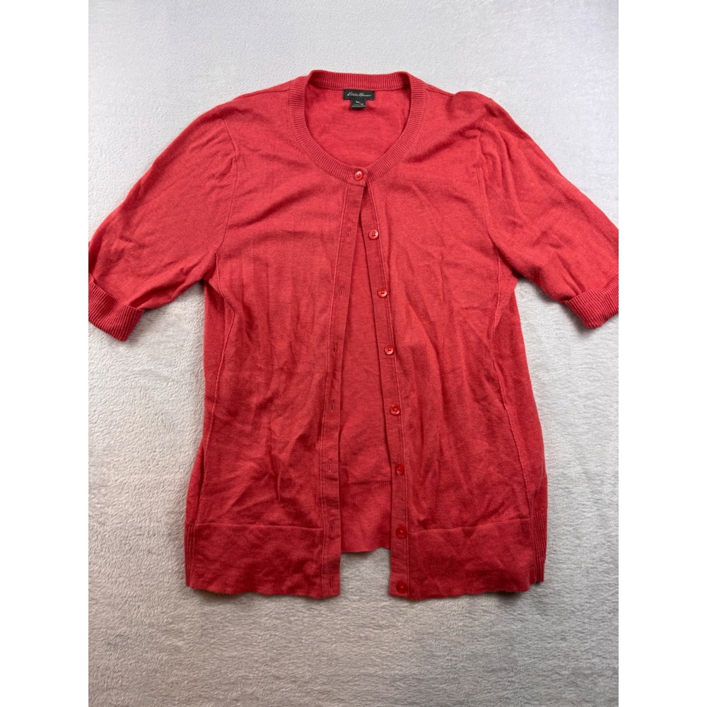Eddie Bauer Womens Short Sleeve Cardigan Coral Pink Cotton Blend Size M